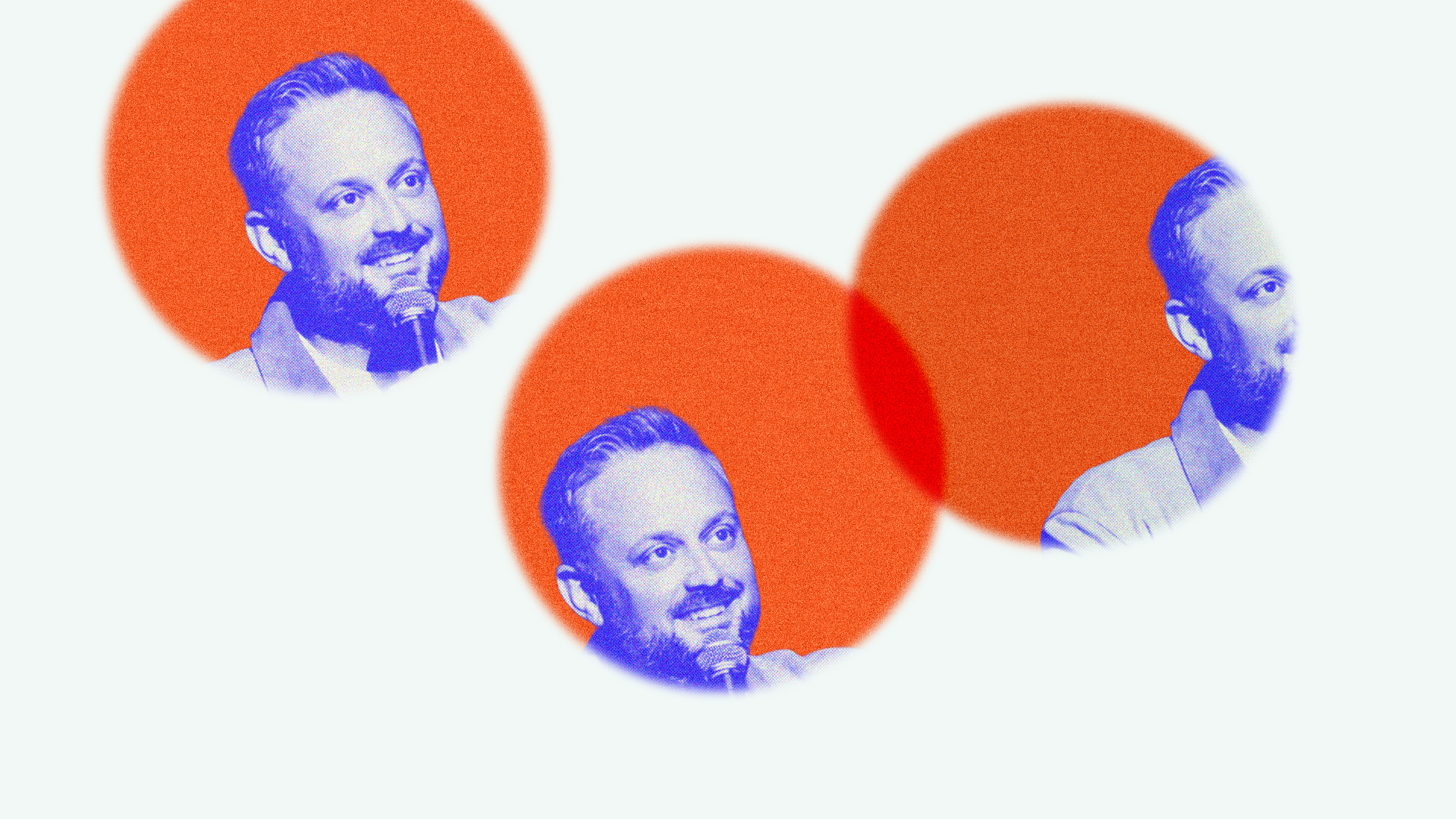 Multiple photos of Nate Bargatze in an orange spotlight