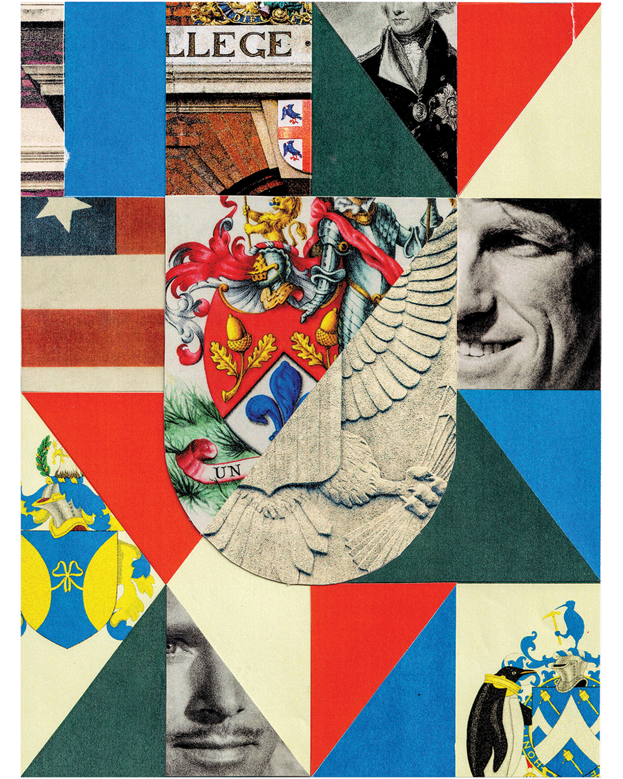 collage-style illustration with red, blue, yellow shapes alternating with details from coats of arms and black-and-white photos