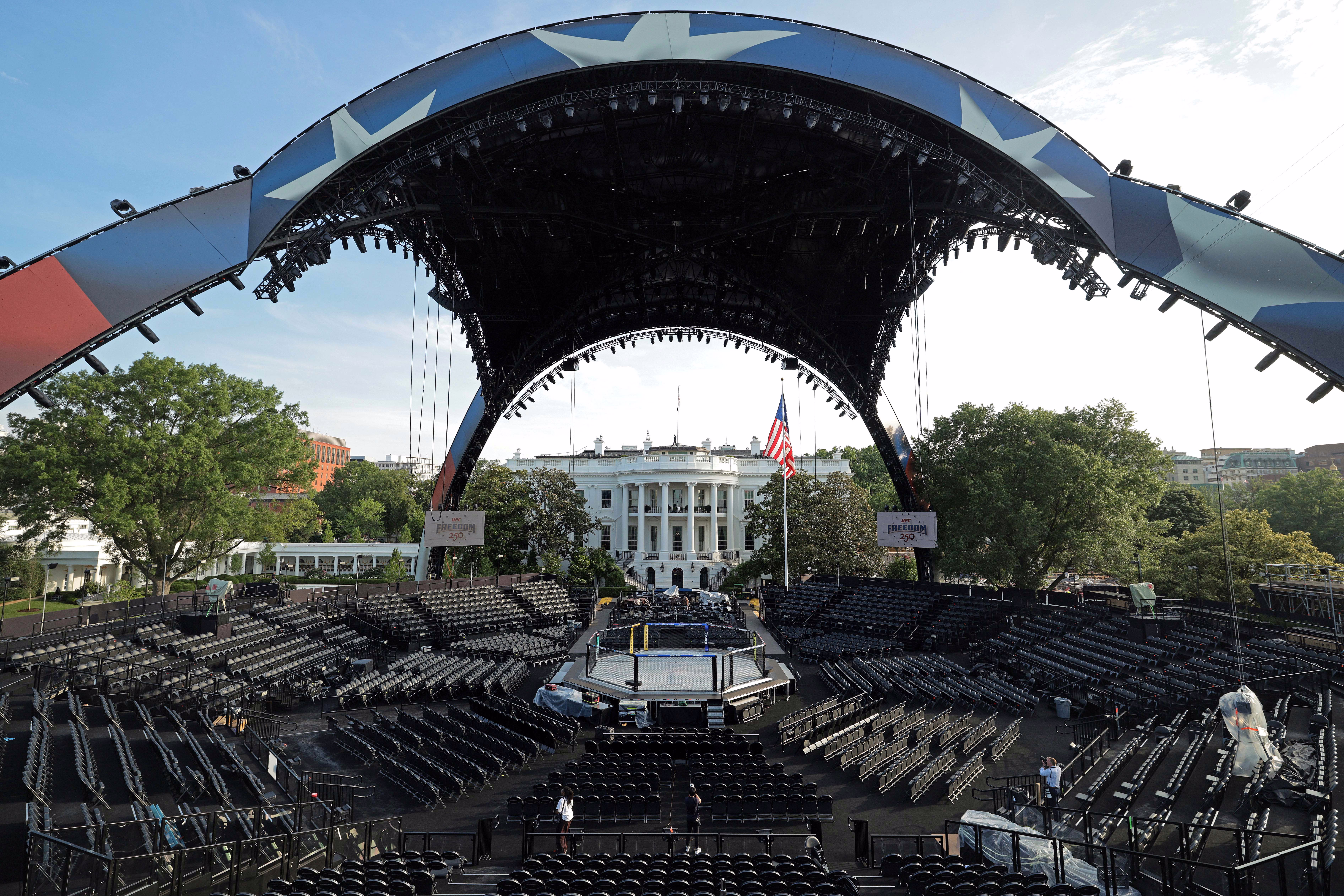 The interior of a temporary fighting arena constructed on the south lawn of the White House