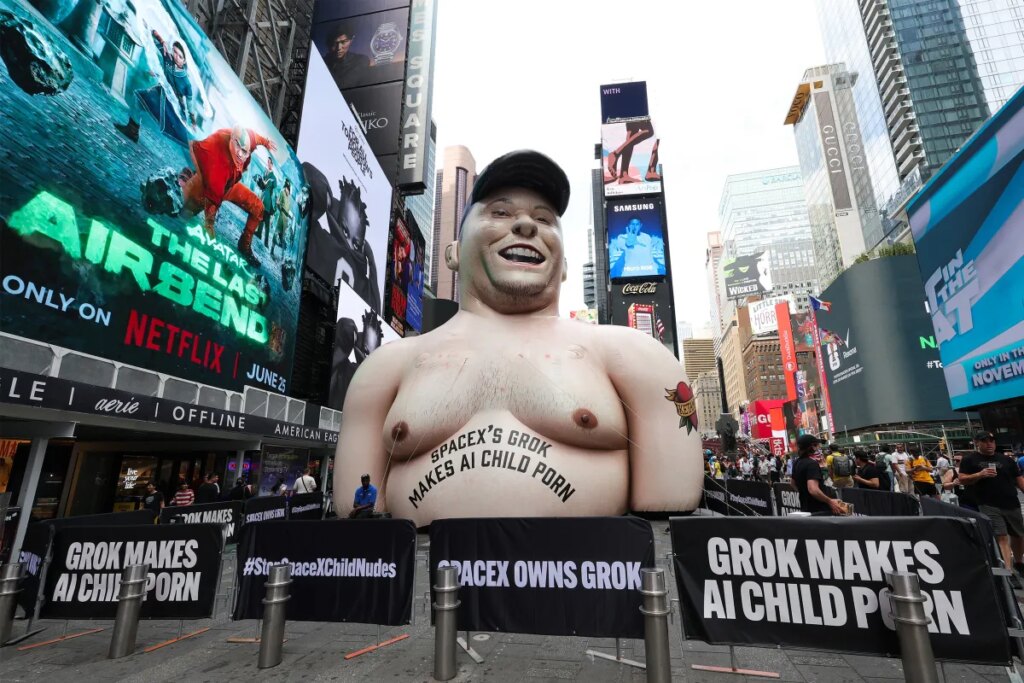 Extremely Unflattering Statue of Elon Musk Appears in Times Square, Complete With Horrifying Slogan