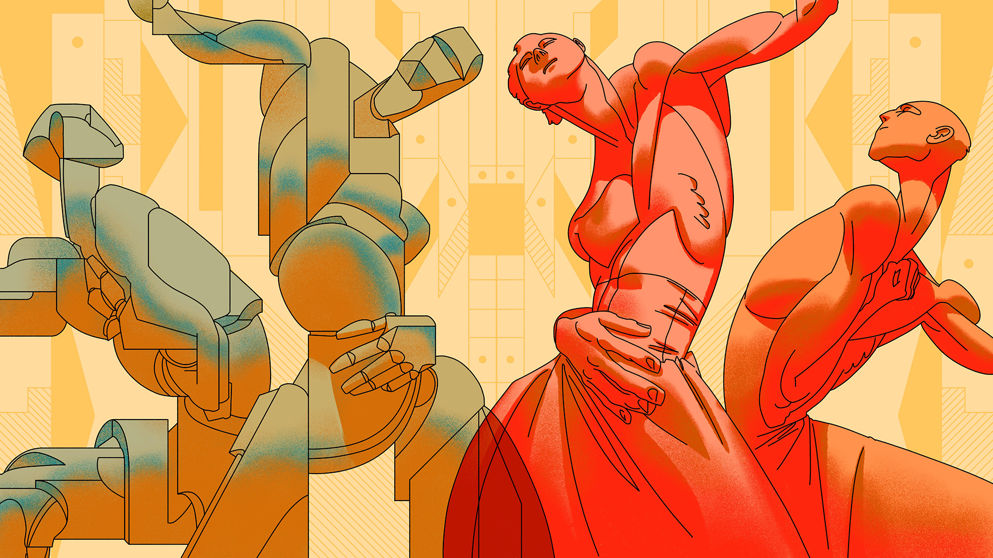A line illustration of four figures, two robots on the left and two humans on the right