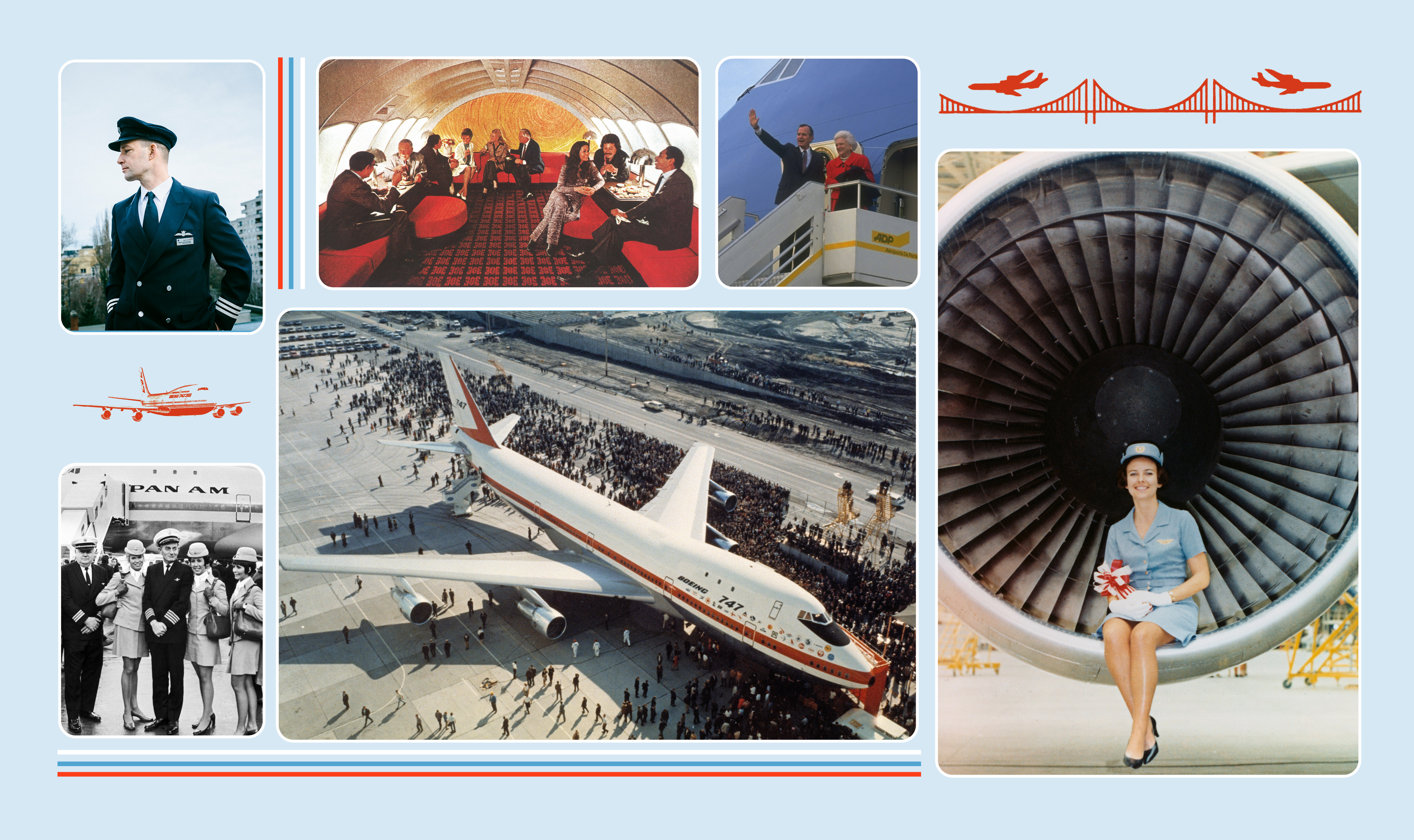 illustration with multiple archival photos: pilot in uniform; pilots and flight attendants with Pan Am plane in background; interior of plane lounge; plane from above surrounded by crowd; smiling uniformed flight attendant sitting in front of jet engine