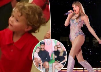 Patrick and Brittany Mahomes’ son Bronze, 3, points out Taylor Swift in Arrowhead Stadium photo