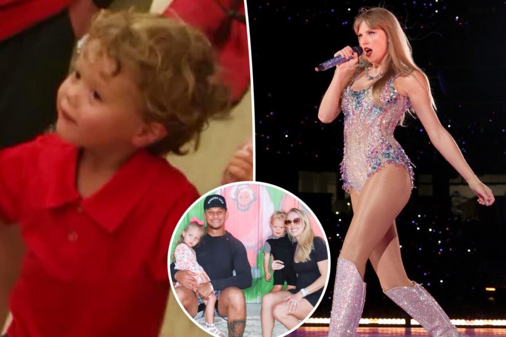 Patrick and Brittany Mahomes’ son Bronze, 3, points out Taylor Swift in Arrowhead Stadium photo