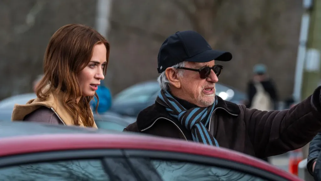 Steven Spielberg and Emily Blunt on the set of