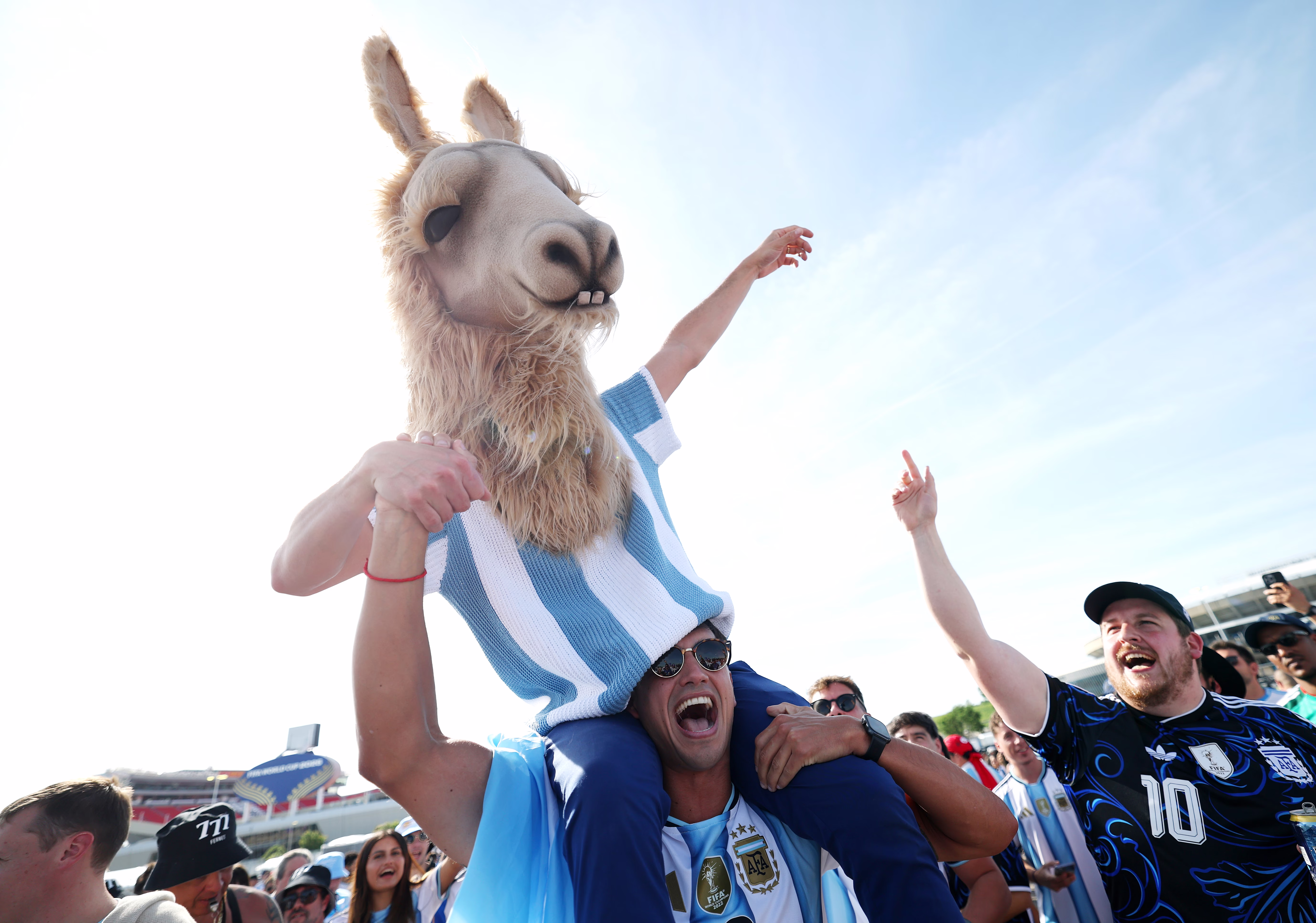 Fans of Team Argentina cheer while one one wears a llama costume and holds onto another fan's shoulders.