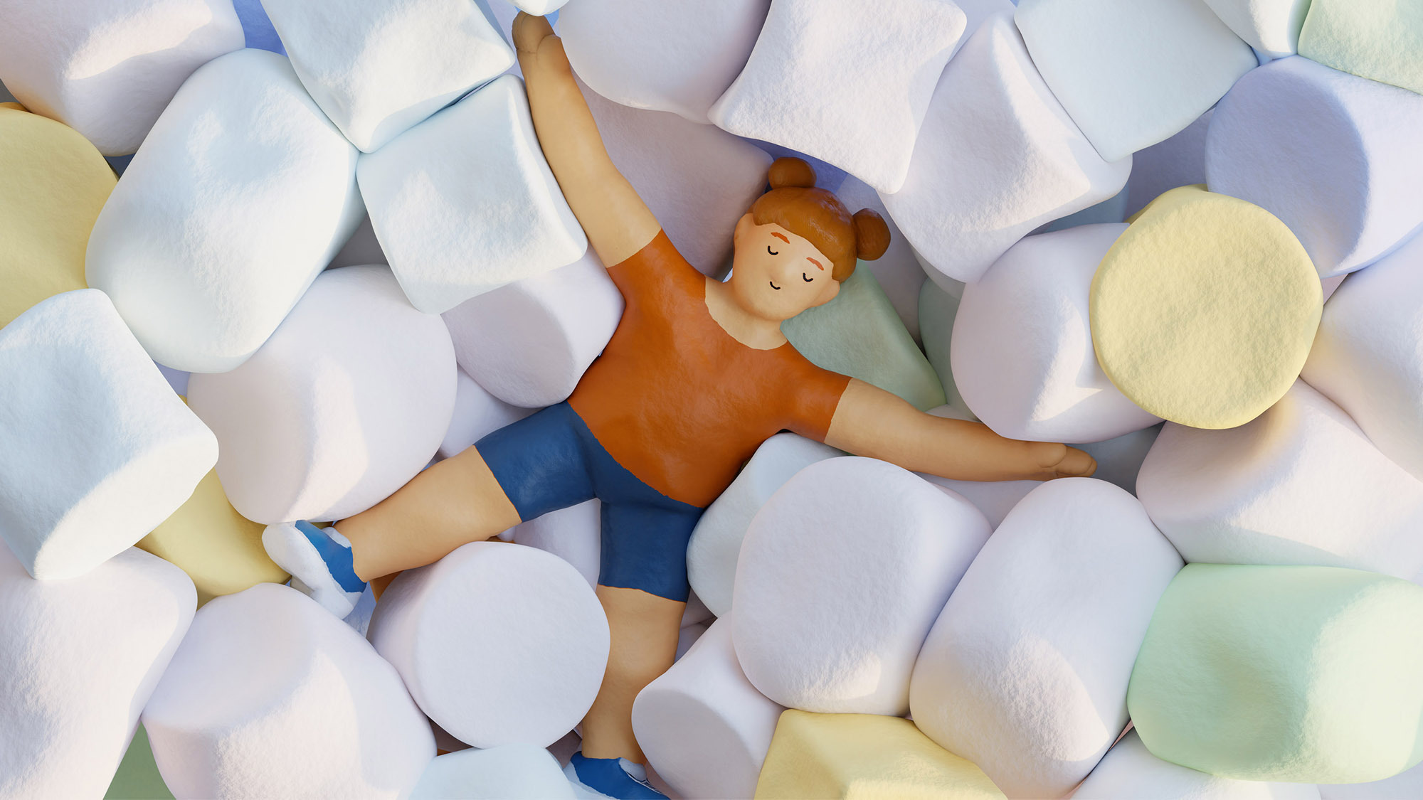 Illustration of a small girl figurine surrounded by marshmallows.