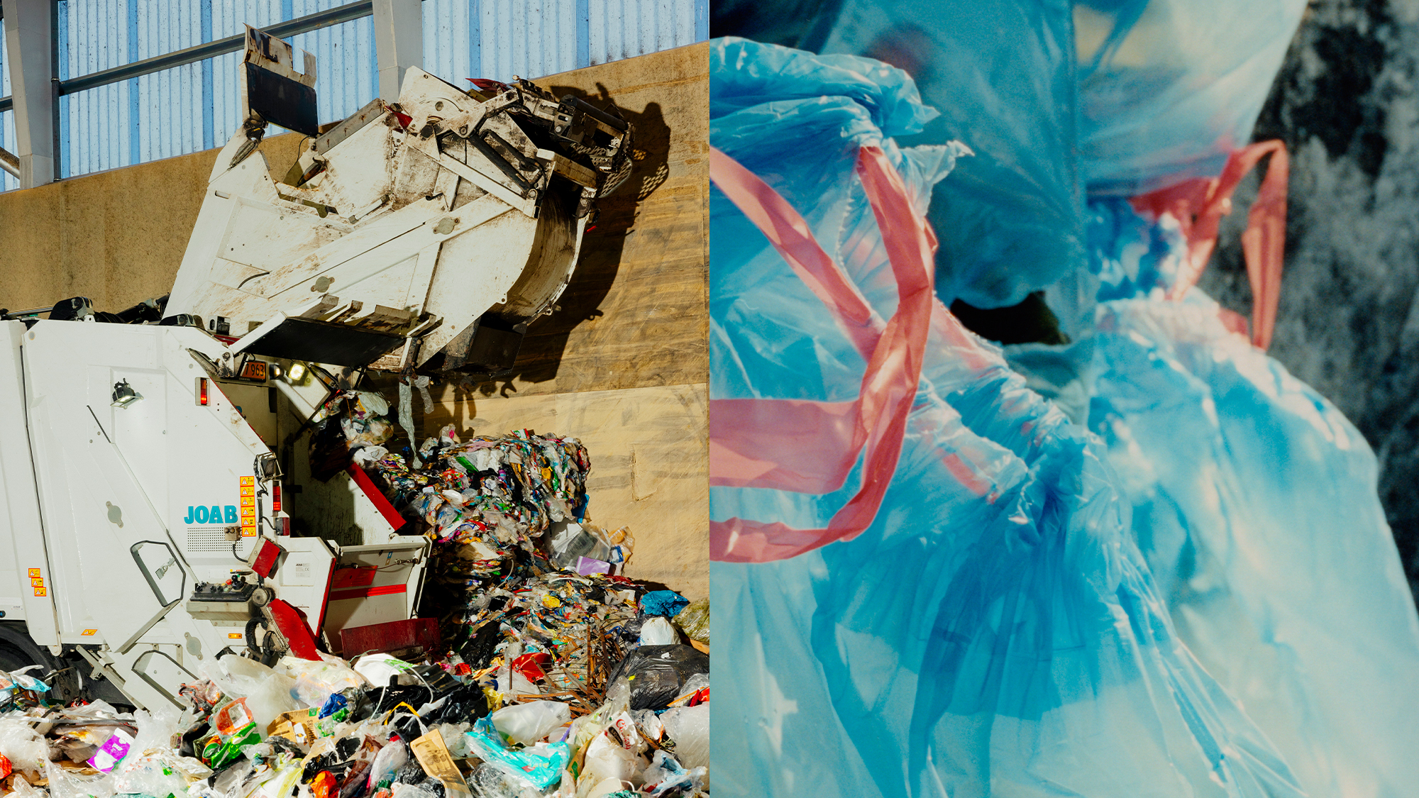 A garbage truck and a garbage bag filled with trash