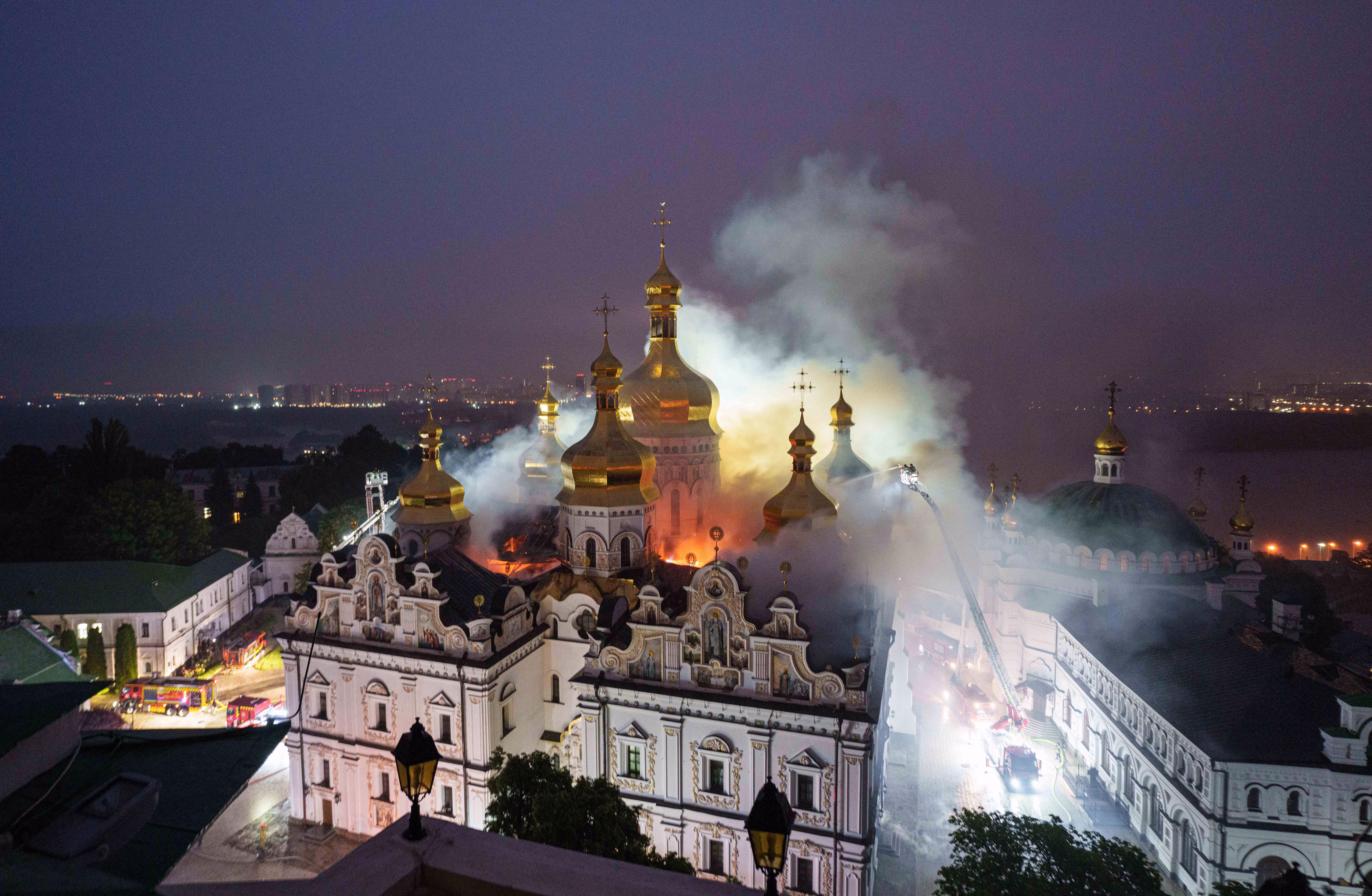 Firefighters work to put out a fire at a historic cathedral in Ukraine.