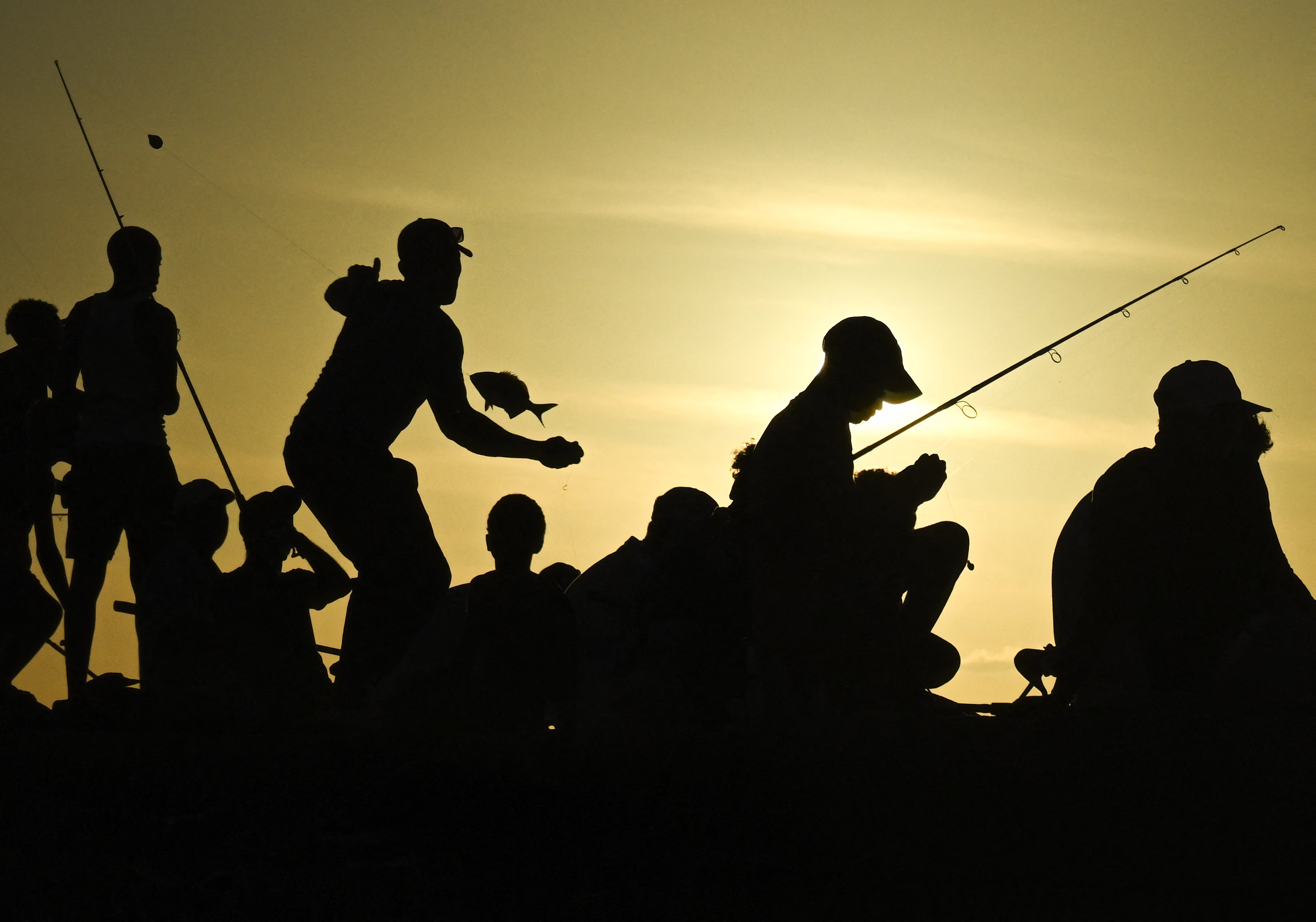 People fish at sunset, seen in silhouettte.