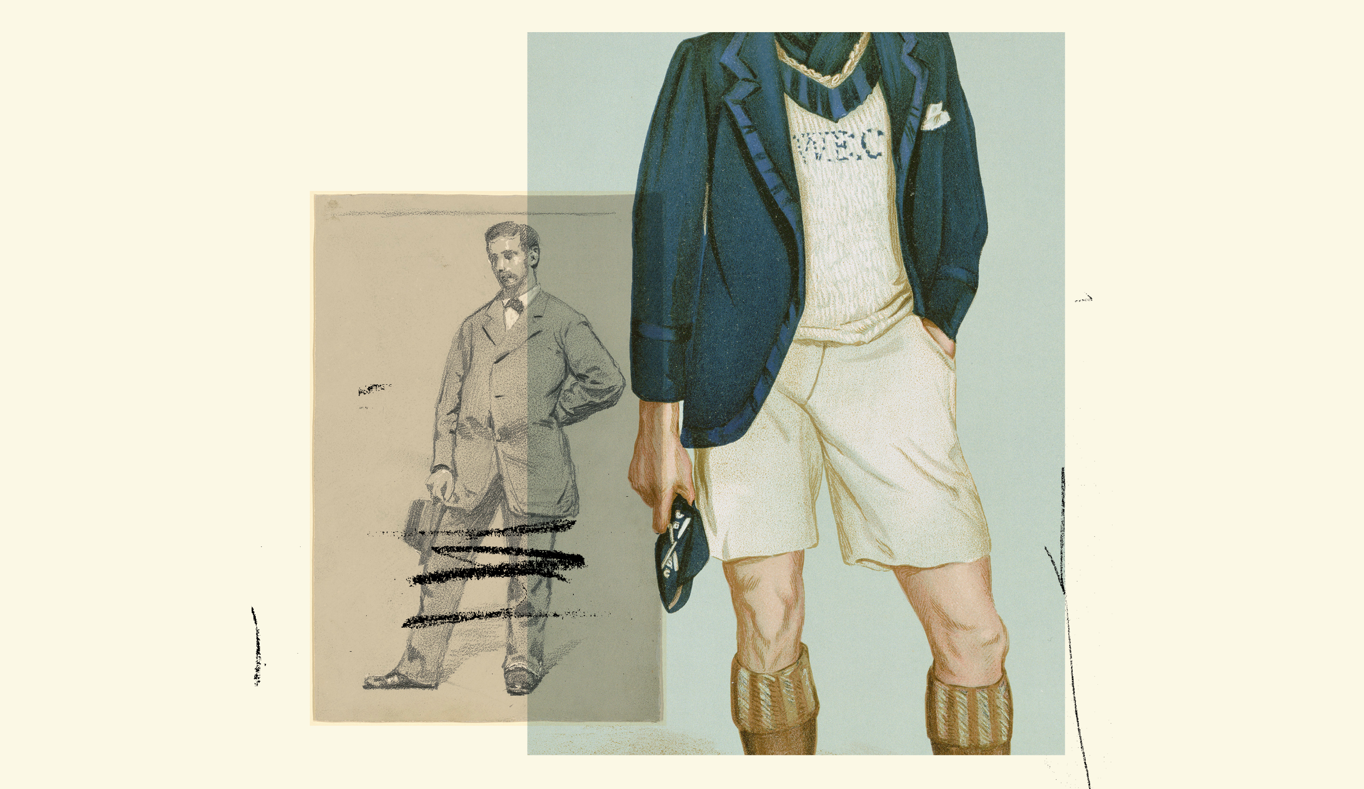 An illustration of a man in a suit with his pant legs scribbled over overlaying a cutoff illustration of a man in a suit jacket with shorts on