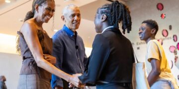 The first 100 visitors to the Obama Presidential center got a surprise: Barack and Michelle