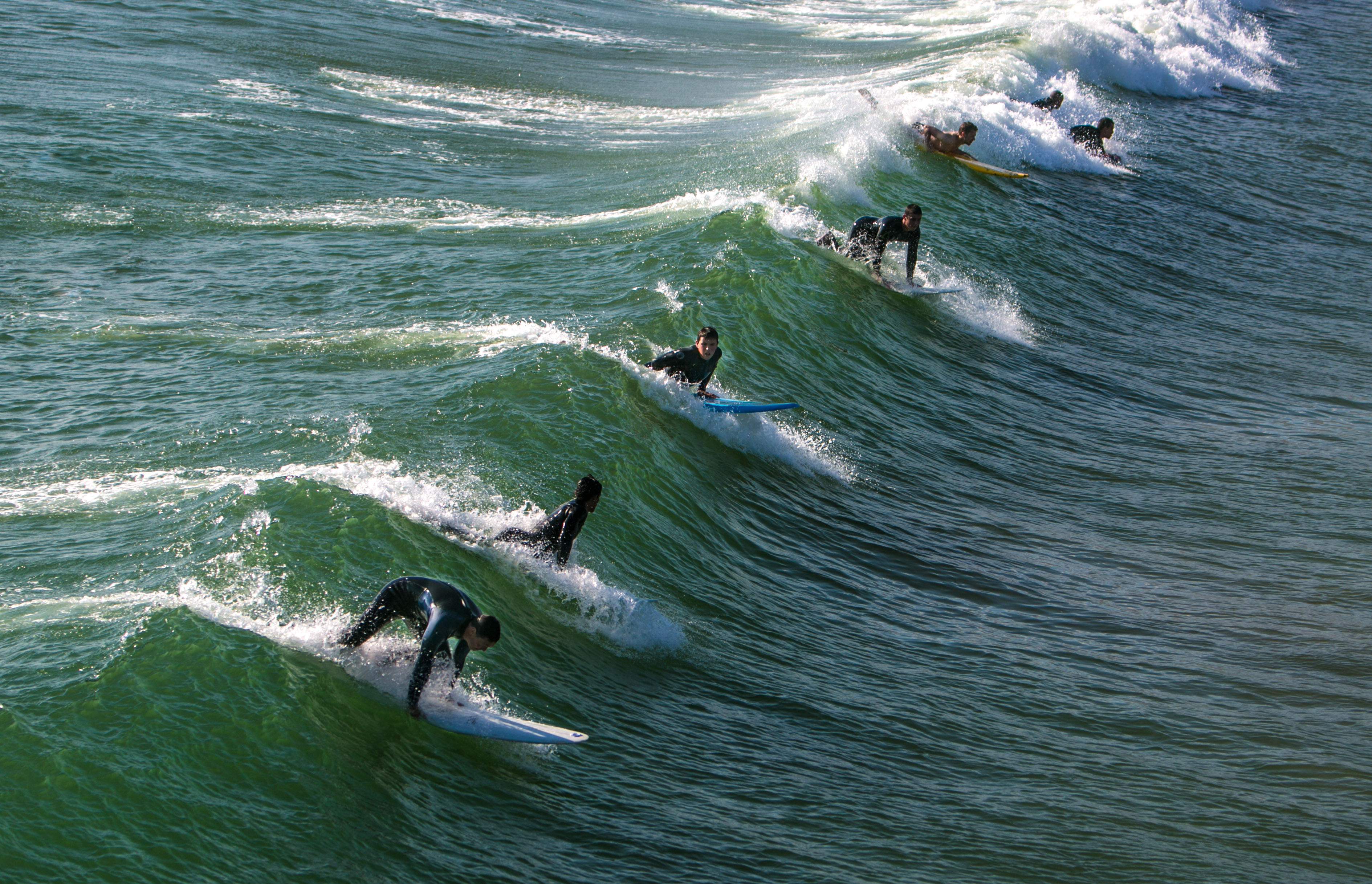A group of surfers catches the same wave in this photo taken from the pier in Pismo Beach, California