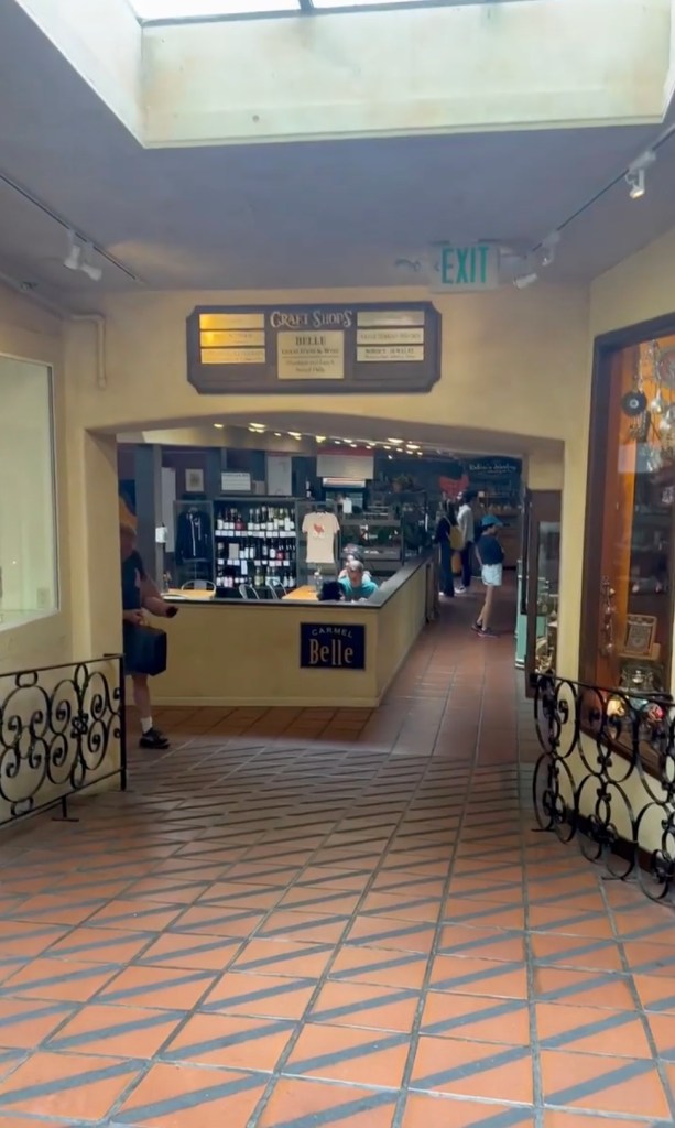 An indoor shopping area featuring shops like Carmel Belle and craft shops, with a tiled floor and a skylight overhead.