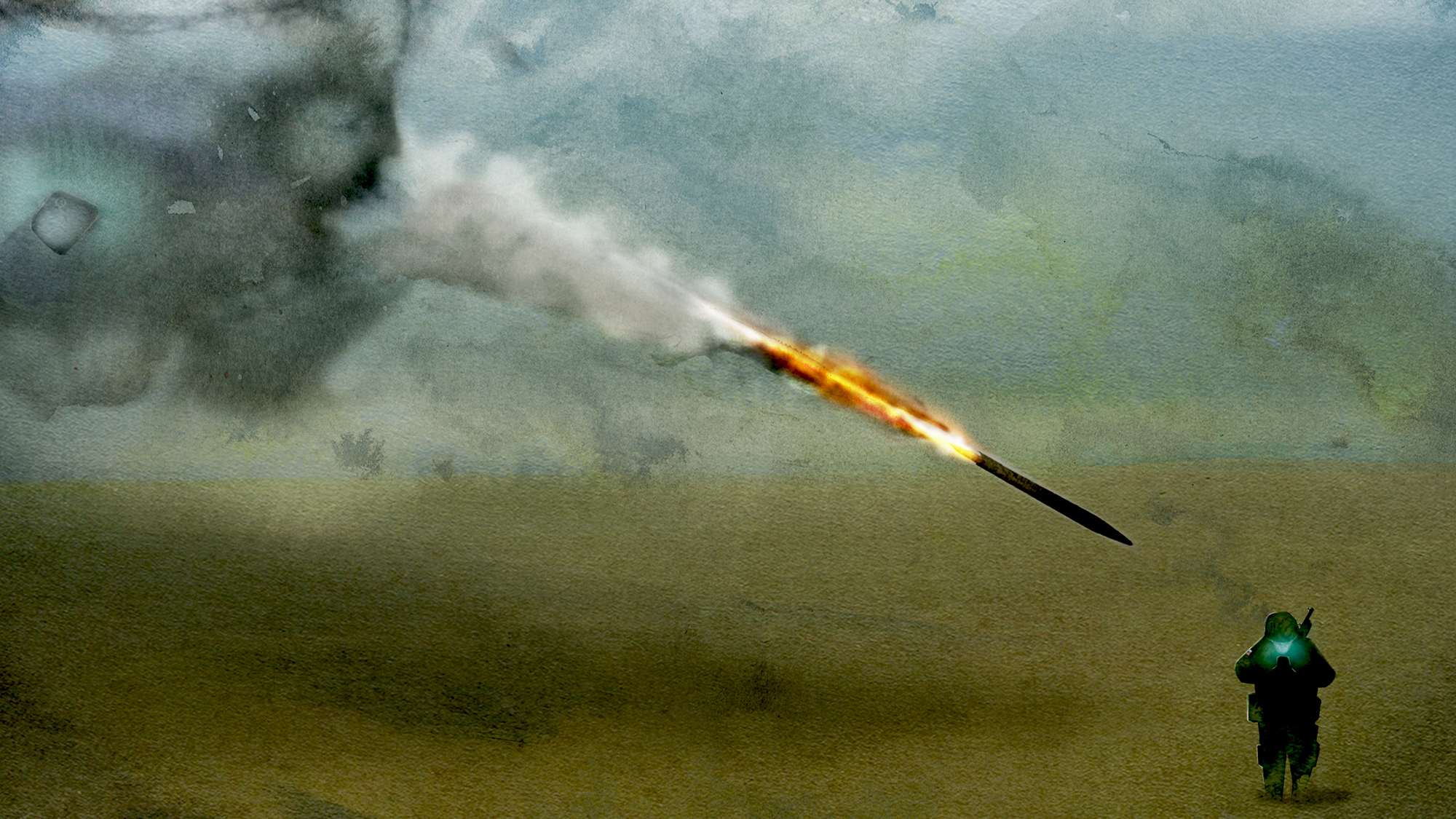 An illustration of a rocket headed from a shadowy female figure toward a soldier whose face is illuminated by the glow of his phone