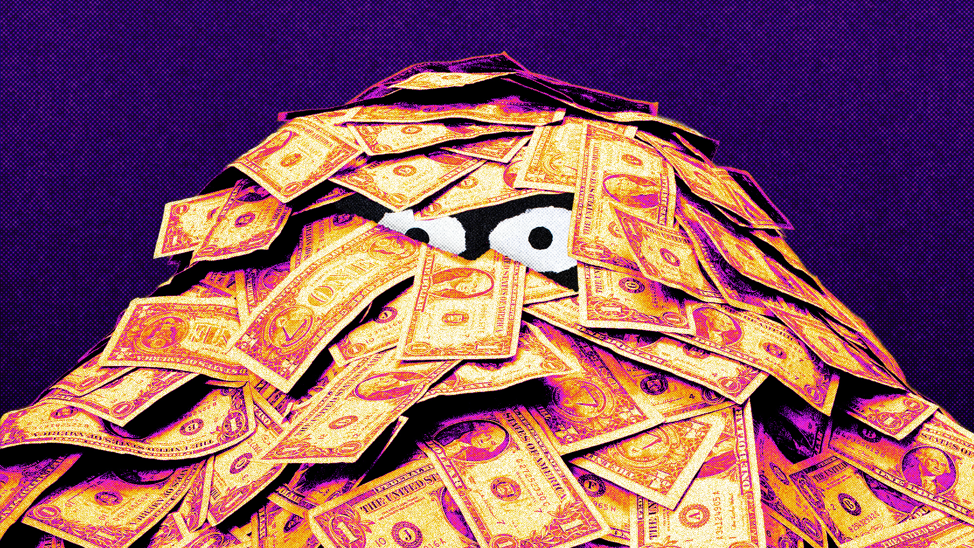 A pile of cash with a person looking out