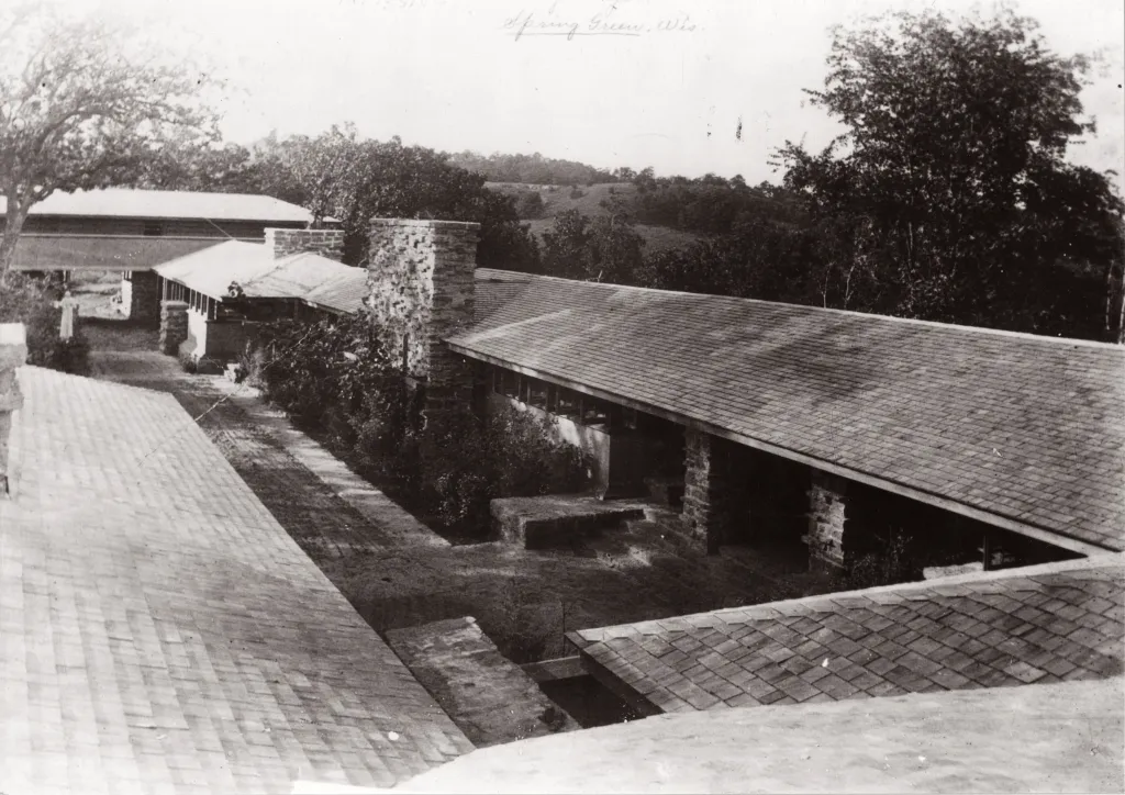 Elevated view of Taliesin, Frank Lloyd Wright's residence and studio in Wyoming, Wisconsin.