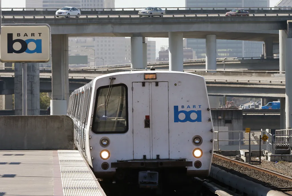 A Bay Area Rapid Transit train at MacArthur station in Oakland, California.