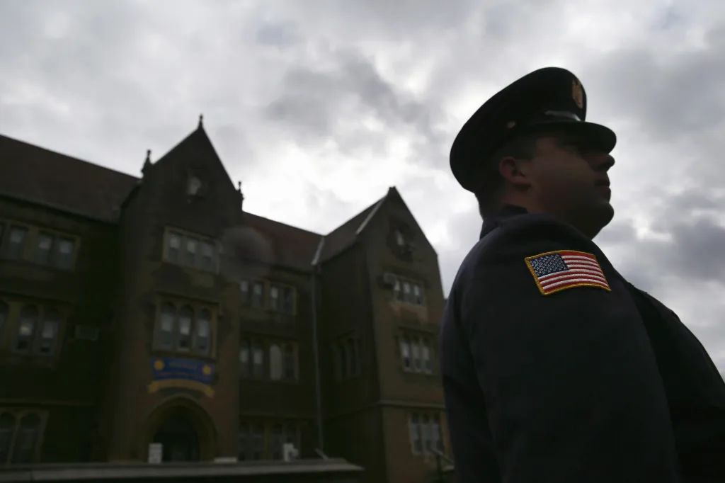 A guard stands at the entrance to Wallkill prison where a drone drop took place in May.