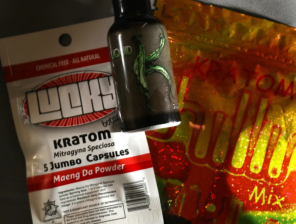 Kratom packaged in liquid, powder, and capsule forms. These products may contain 7-OH, which manufacturers aren't required to list on labels.