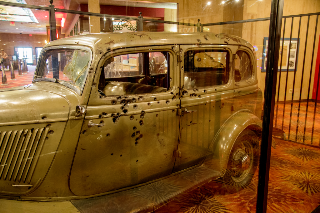 Bonnie and Clyde's bullet-ridden Ford V-8 car on display.