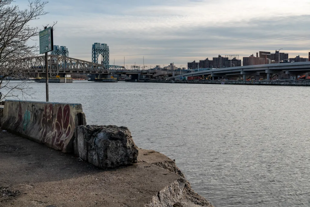 The Harlem River and bridges seen from Lincoln Avenue in Port Morris, New York City.