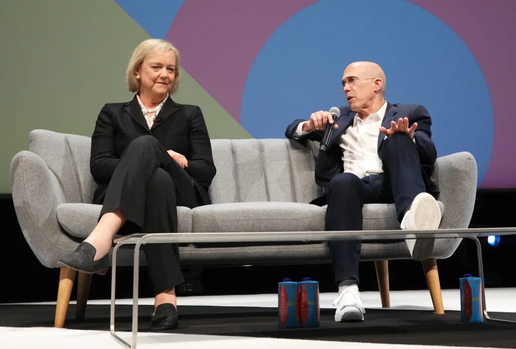 Meg Whitman, CEO of Quibi, and Jeffrey Katzenberg, Co-founder and Managing Partner of WndrCo., sit on a couch during the Cannes Lions 2019 conference.