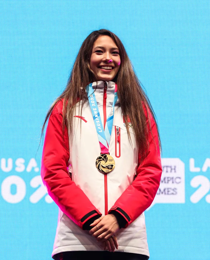 Gold medalist Gu Ailing of China poses with her medal for the women's freeski halfpipe at the 3rd Winter Youth Olympic Games in Lausanne, Switzerland.