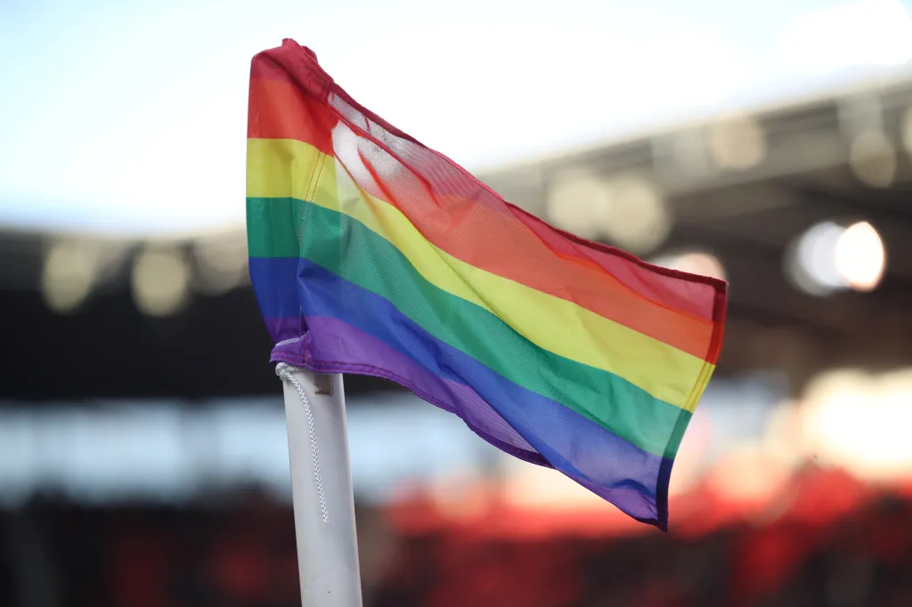 A rainbow pride flag on a white pole, with blurred stadium lights in the background.