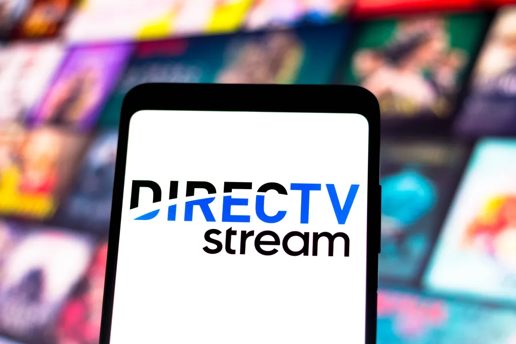 The DIRECTV Stream logo is displayed on a smartphone screen.