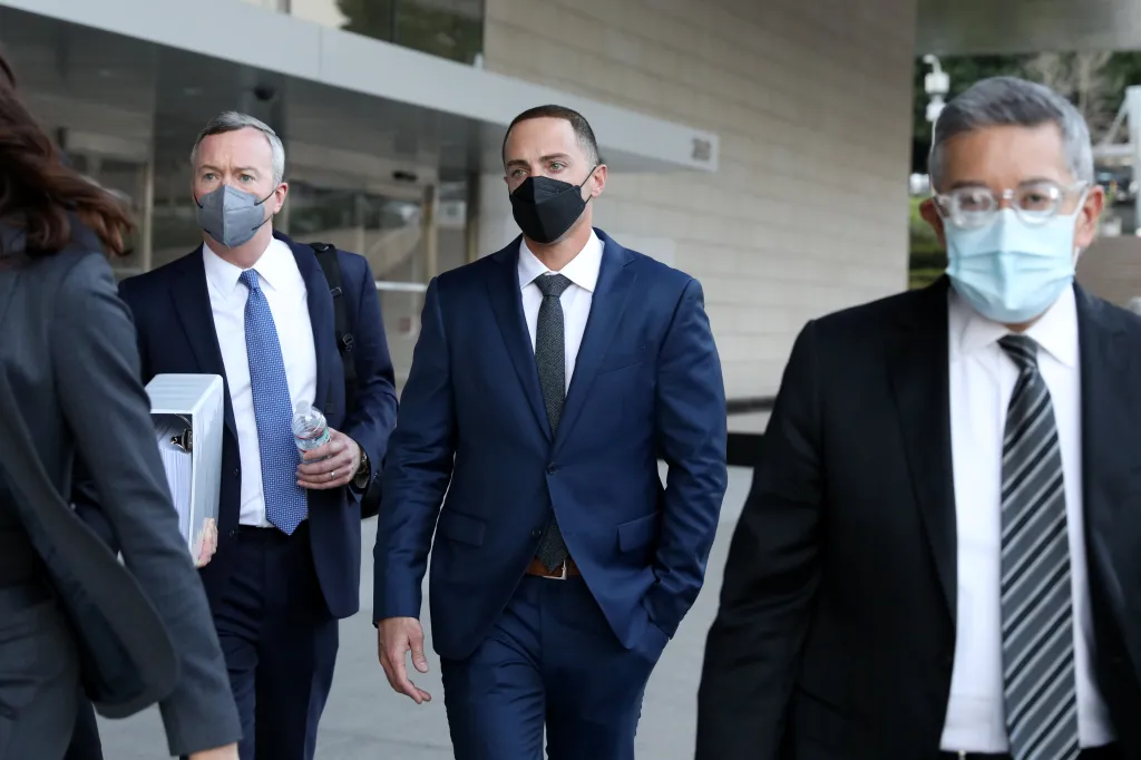 Actor Zachary Horwitz exiting court with attorneys Ryan Hedges and Anthony Pacheco.