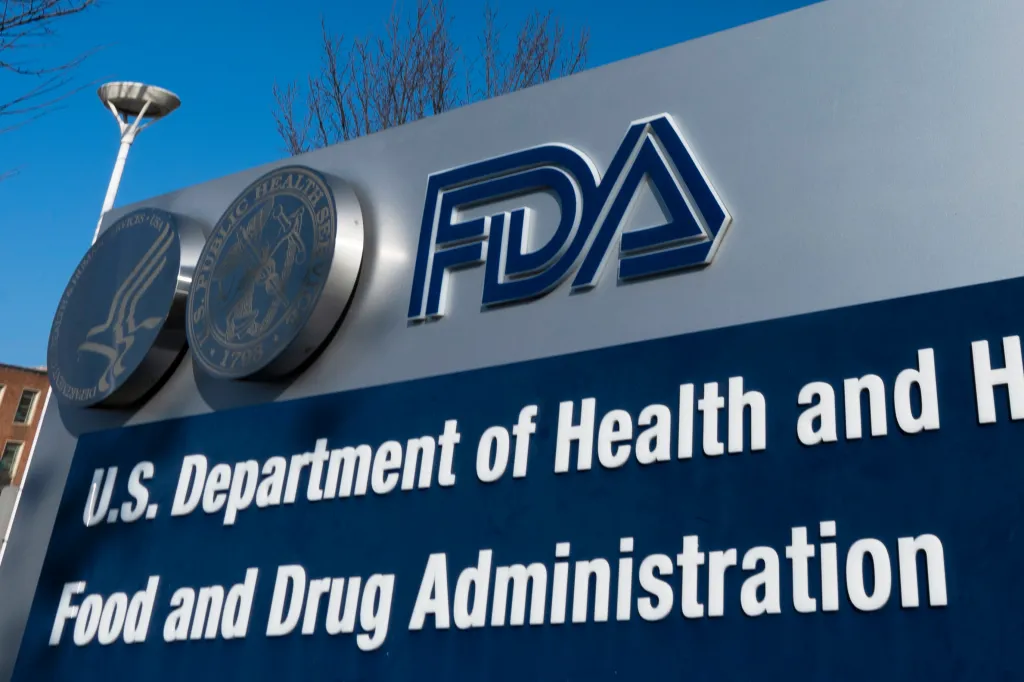 A sign for the U.S. Food and Drug Administration (FDA) with the logo.