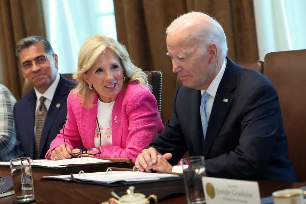 President Joe Biden and First Lady Jill Biden at a meeting with Health and Human Services Secretary Xavier Becerra.