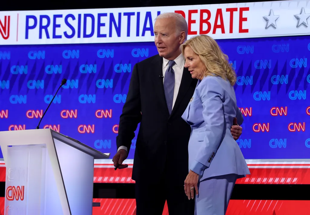 President Joe Biden embraces first lady Jill Biden after his presidential debate against President Donald Trump on June 27, 2024.