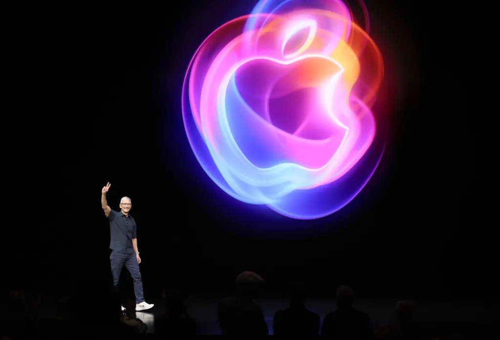 Apple CEO Tim Cook delivers remarks before the start of an Apple event at Apple headquarters on Sept. 9, 2024 in Cupertino, California.