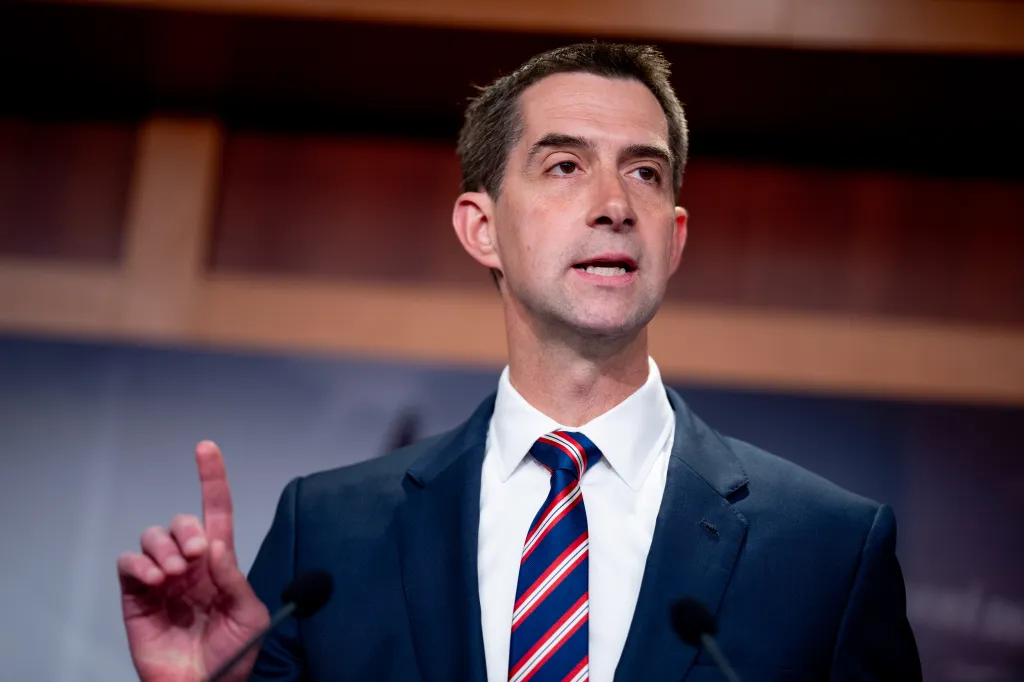 Senator Tom Cotton speaking at a news conference on Capitol Hill.