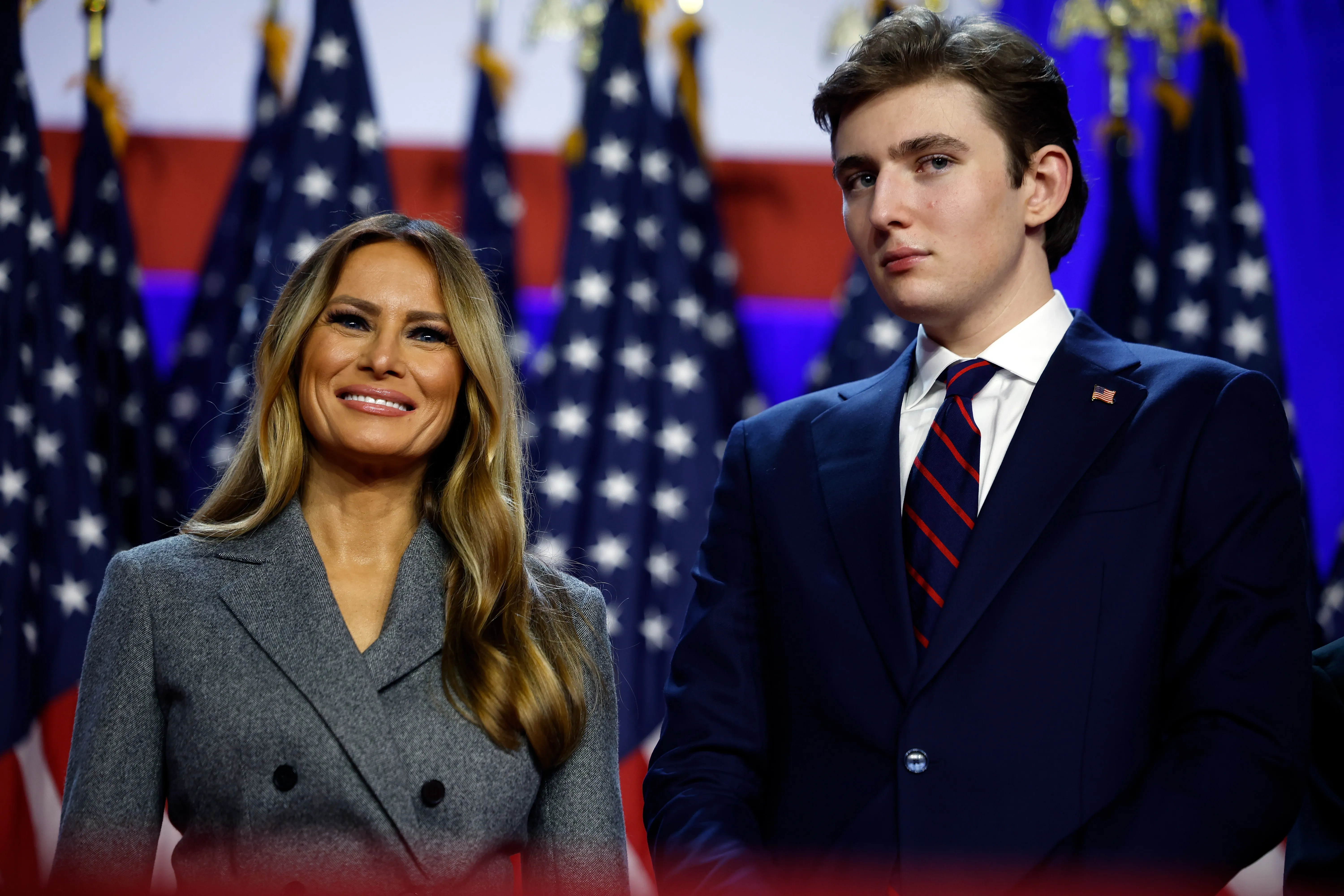 Melania Trump and Barron Trump attend an election night event.