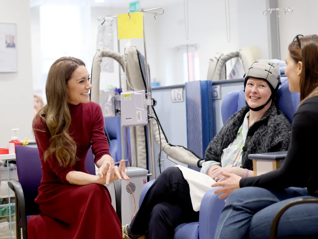 Catherine, Princess of Wales, talking with Katherine Field during a visit to The Royal Marsden Hospital.