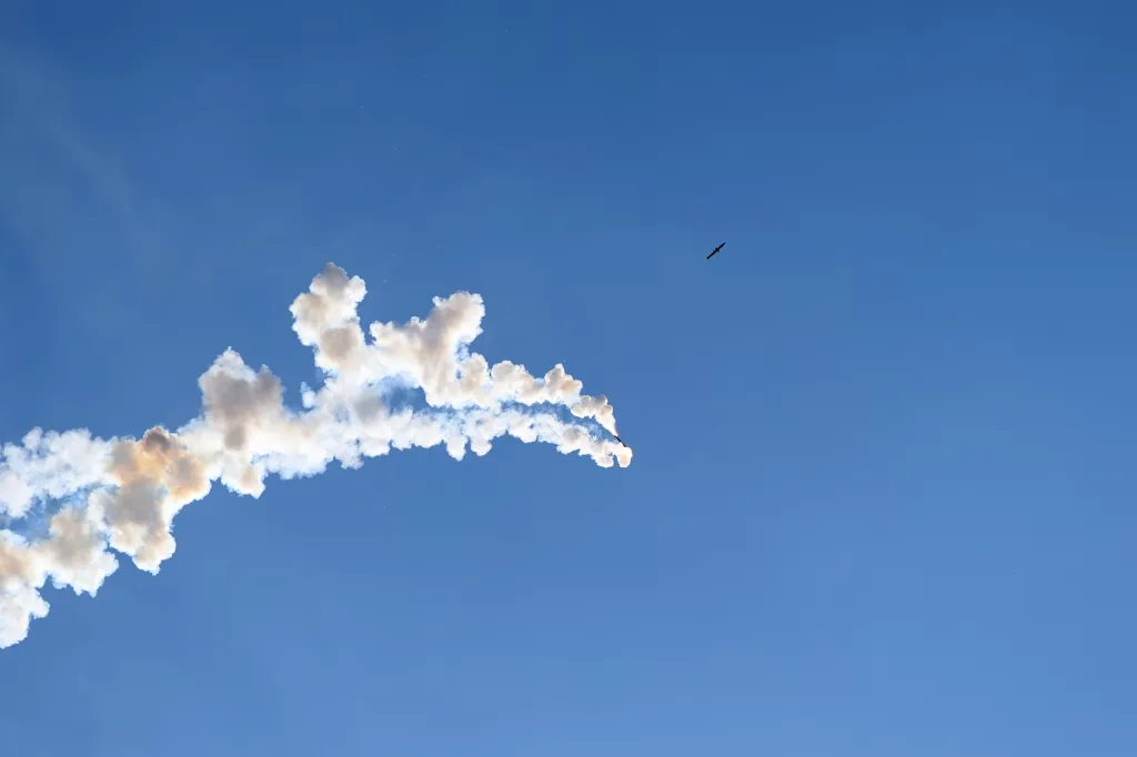 A stream of smoke from a failed air defense interception in the Upper Galilee.