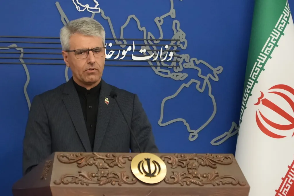 Iranian Foreign Ministry spokesman Esmaeil Baghaei speaks at a press conference.