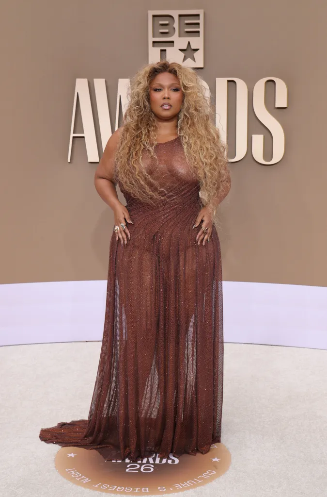 Lizzo on the red carpet wearing a sheer, sparkly, brown gown and bold rings.