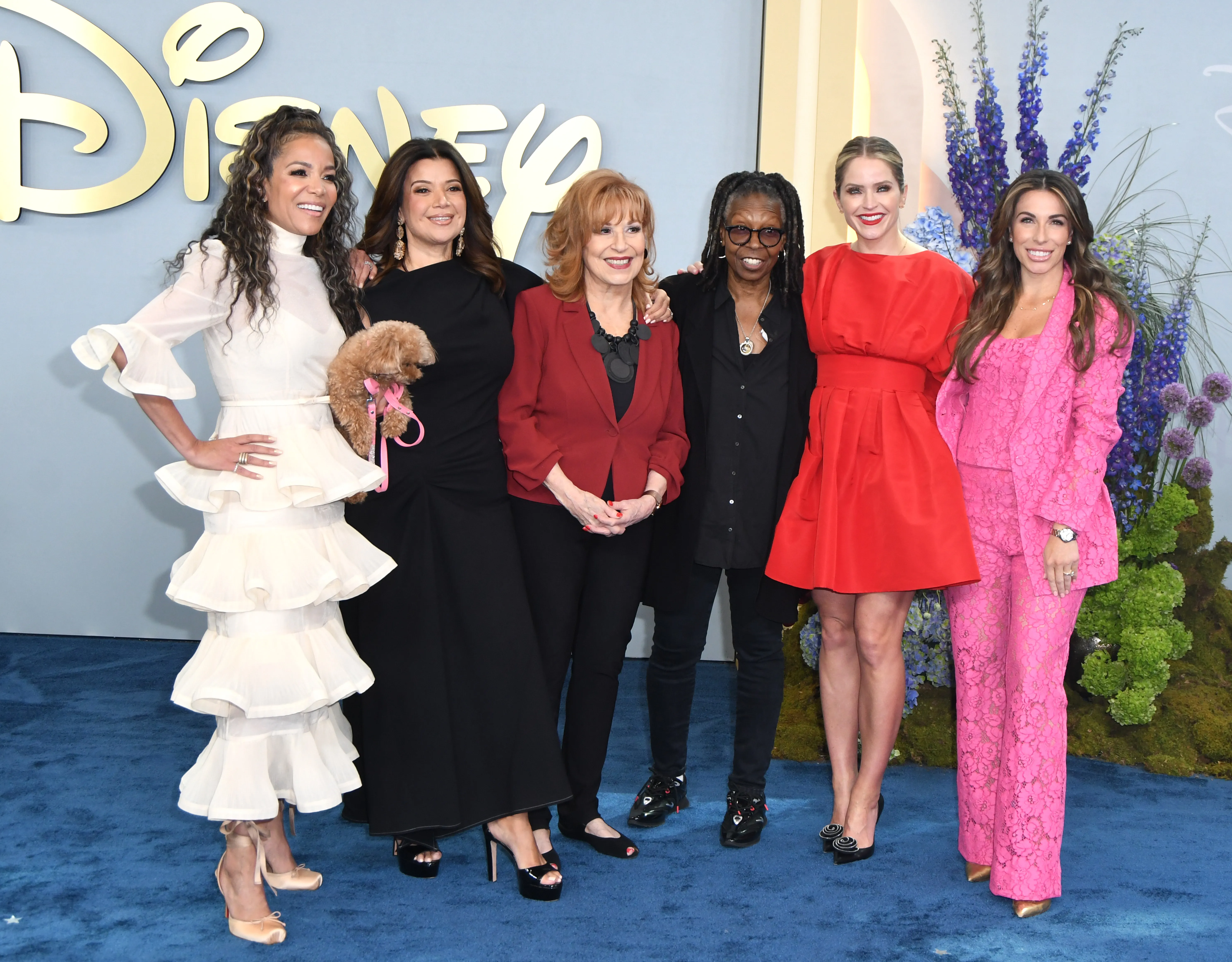 Sunny Hostin, Ana Navarro, Joy Behar, Whoopi Goldberg, Sara Haines, and Alyssa Farah Griffin posing on a blue carpet at the 2026 Disney Upfront.