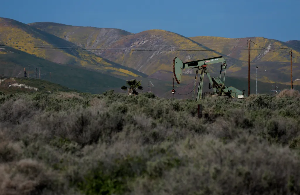 A pumpjack in a field of wildflowers with hills in the background.