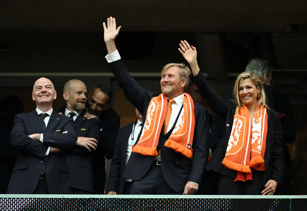 FIFA President Gianni Infantino with King Willem-Alexander and Queen Maxima of the Netherlands at the World Cup 2026 match.