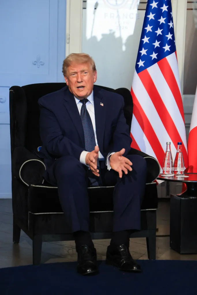 Donald Trump speaking during a bilateral meeting at the G7 summit.