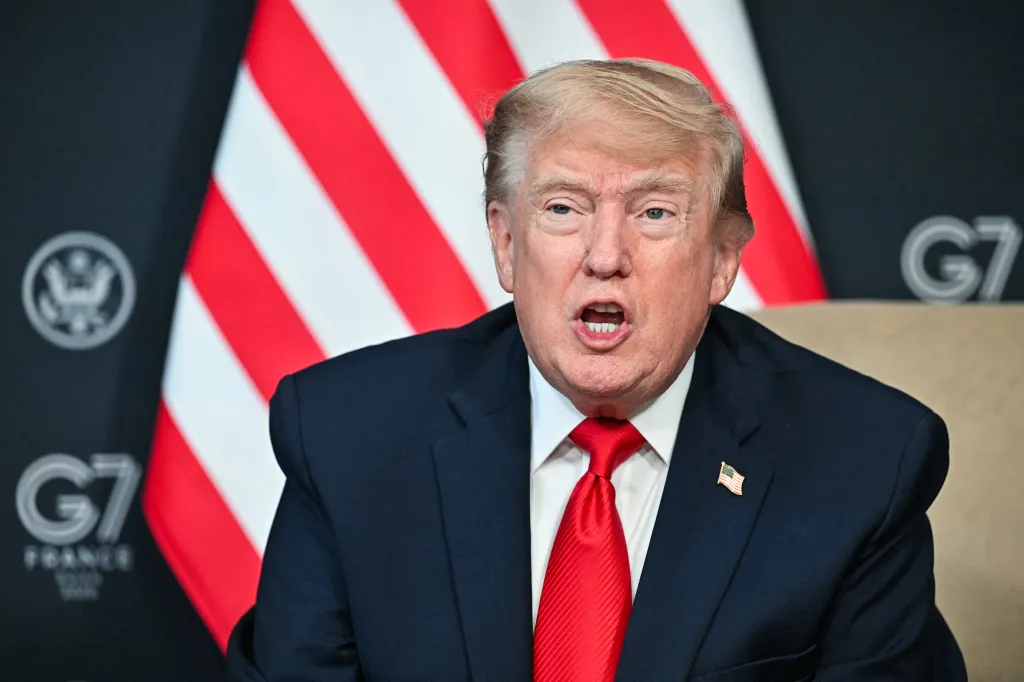 US President Donald Trump speaking at the G7 summit in Evian.