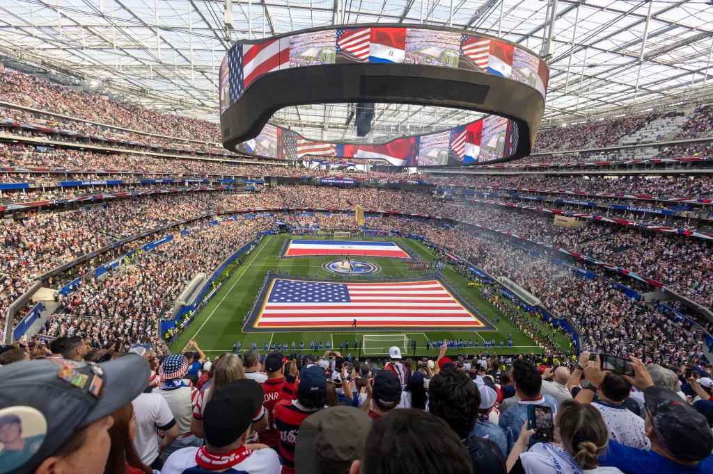 Fans watch the opening ceremony of the FIFA World Cup 2026 match between USA and Paraguay at Los Angeles Stadium.