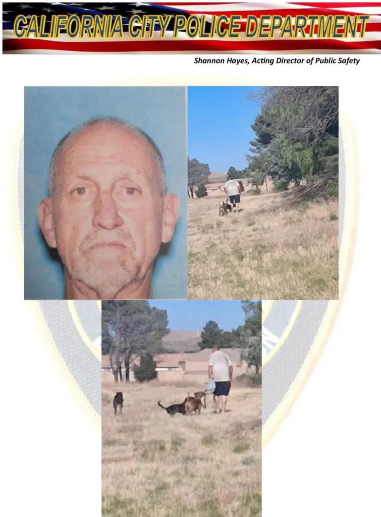 Collage of a mugshot of Kenneth Dobbins and two photos of a man walking two dogs in a grassy field.