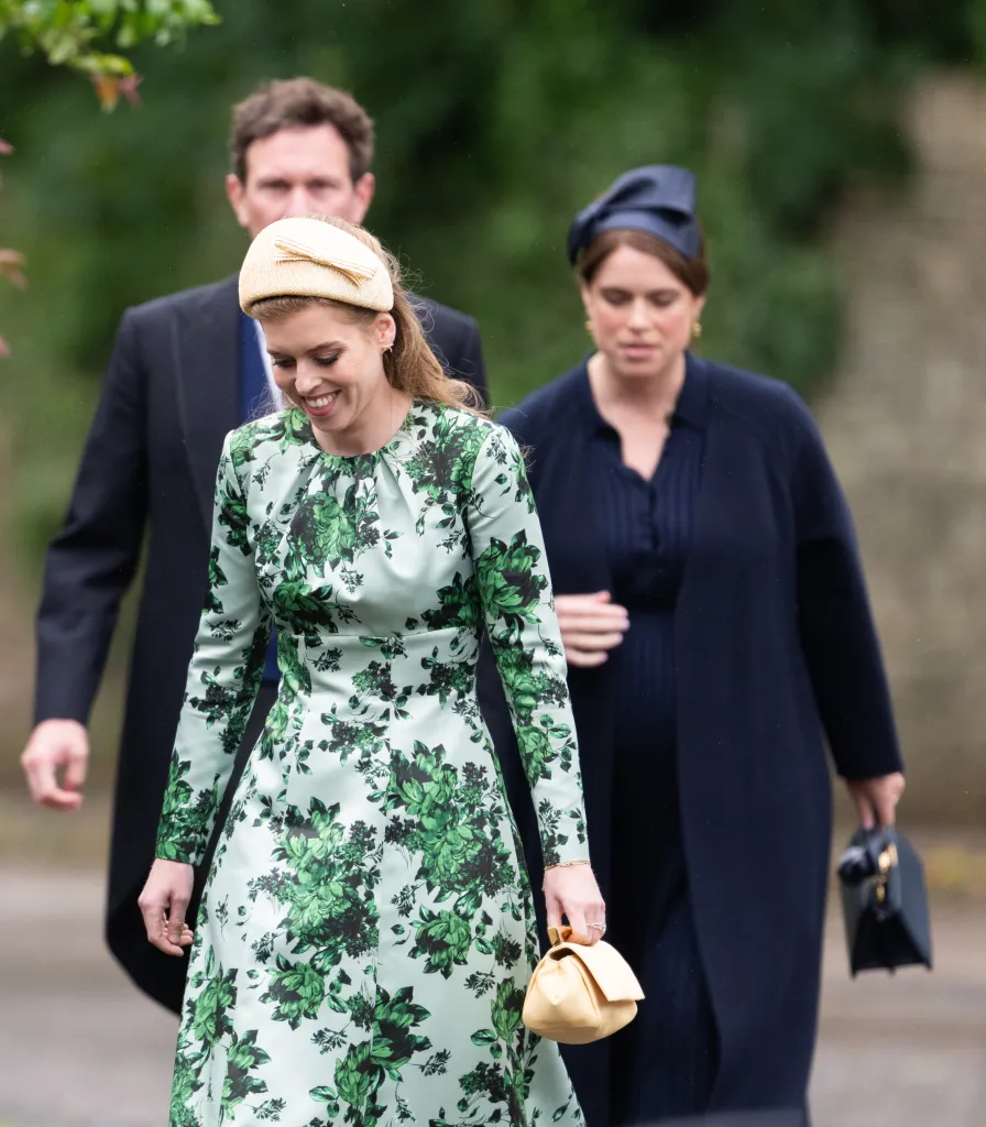 Princess Beatrice, Princess Eugenie, and Jack Brooksbank arriving at Peter Phillips' wedding.