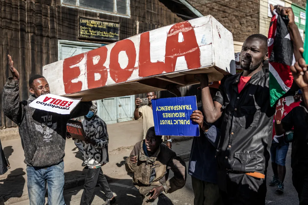Protesters in Nanyuki, Kenya carry a mock coffin labeled 